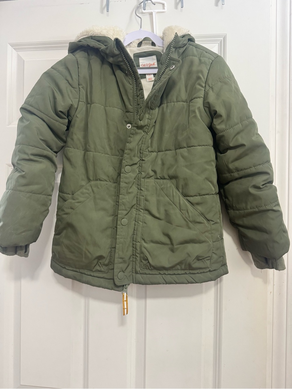 Cat & Jack Olive Green Quilted Puffer Coat with Sherpa Hood